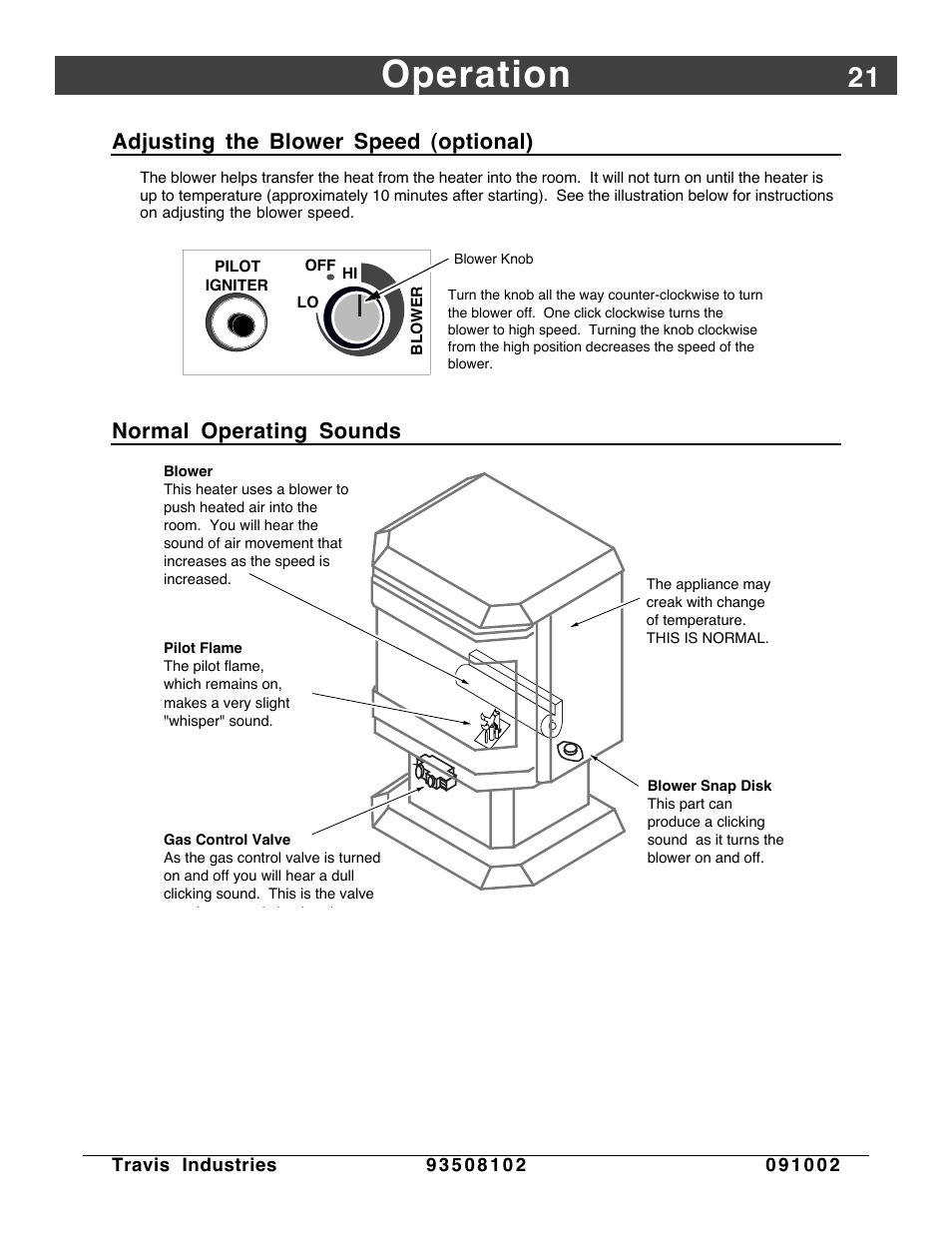 Adjusting the blower speed, Normal operating sounds, Operation | Adjusting the blower speed (optional) | Avalon Firestyles Vashon-1998 to 1999 User Manual | Page 21 / 40