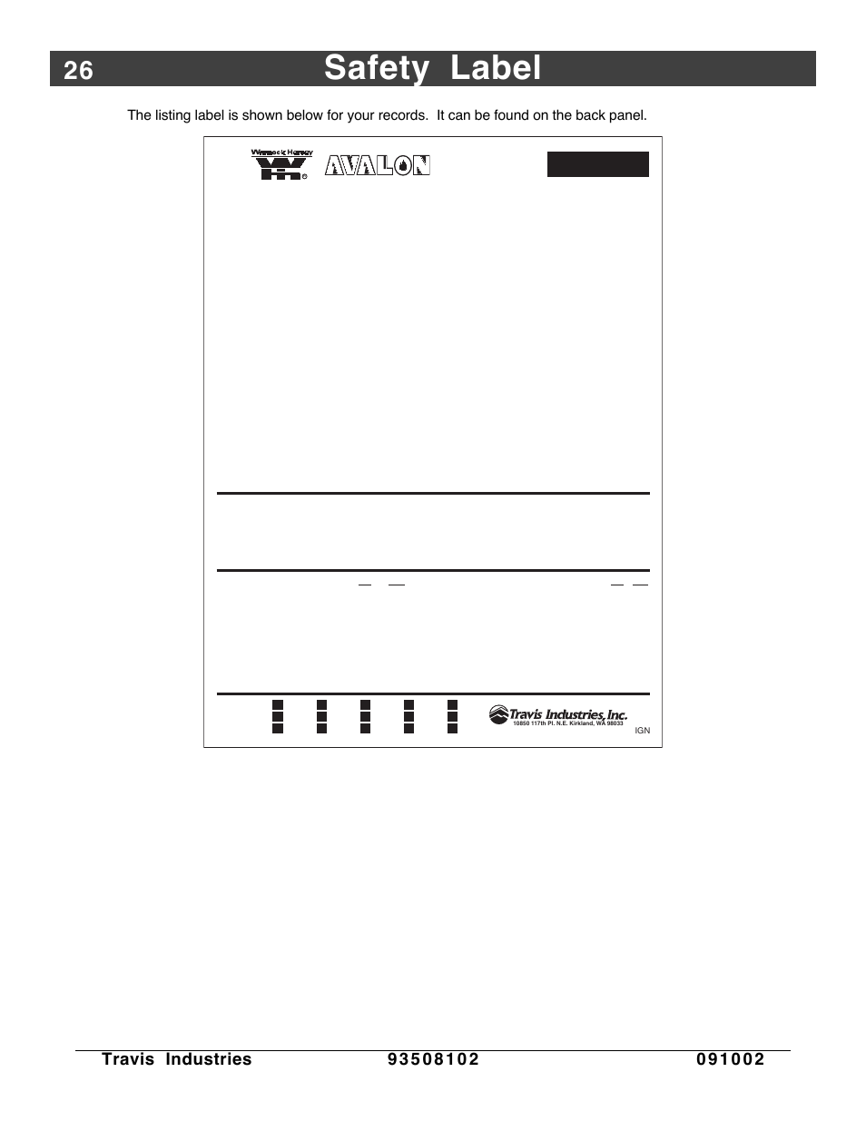 Safety label | Avalon Firestyles Vashon-1998 to 1999 User Manual | Page 26 / 40