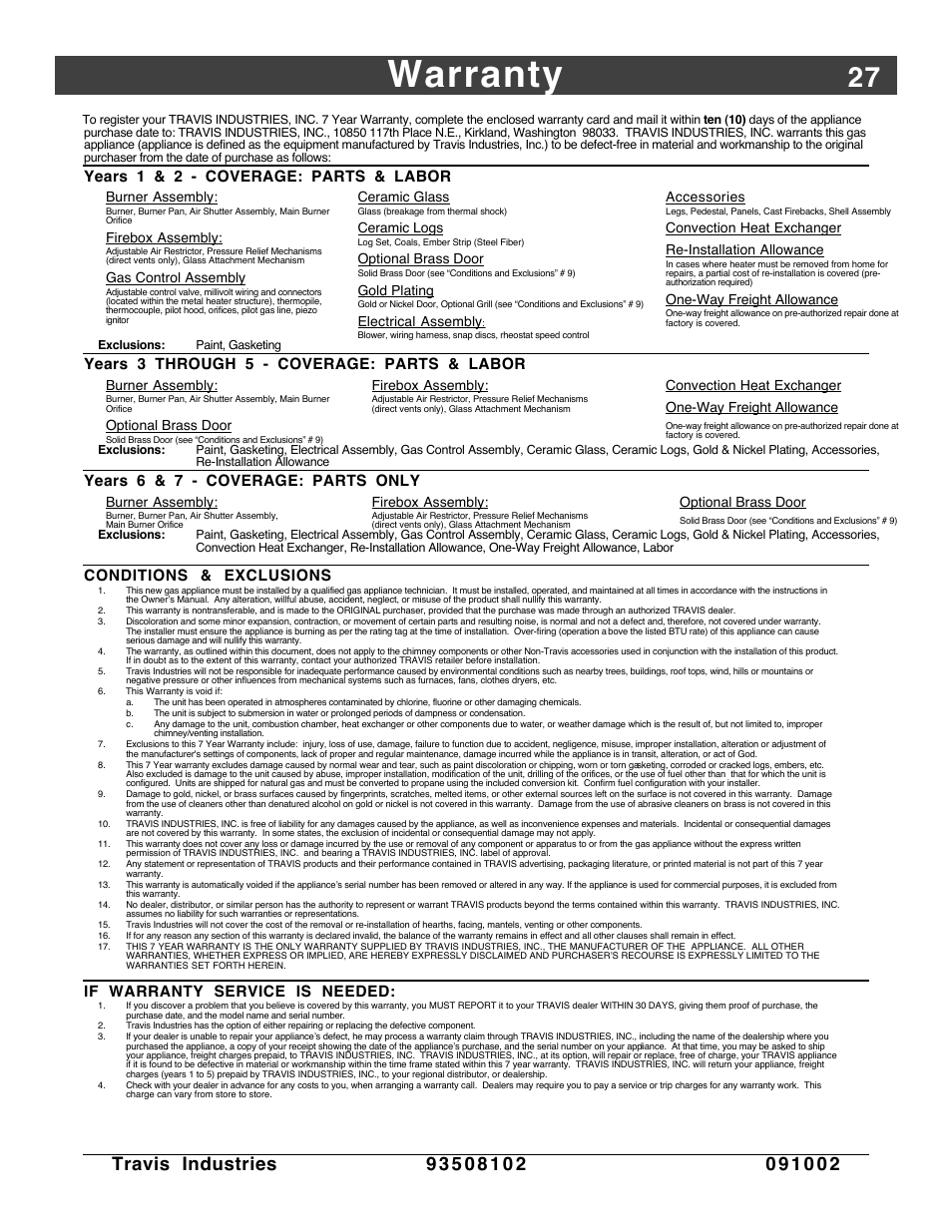 Warranty, Years 1 & 2 - coverage: parts & labor, Years 3 through 5 - coverage: parts & labor | Years 6 & 7 - coverage: parts only, Conditions & exclusions, If warranty service is needed | Avalon Firestyles Vashon-1998 to 1999 User Manual | Page 27 / 40