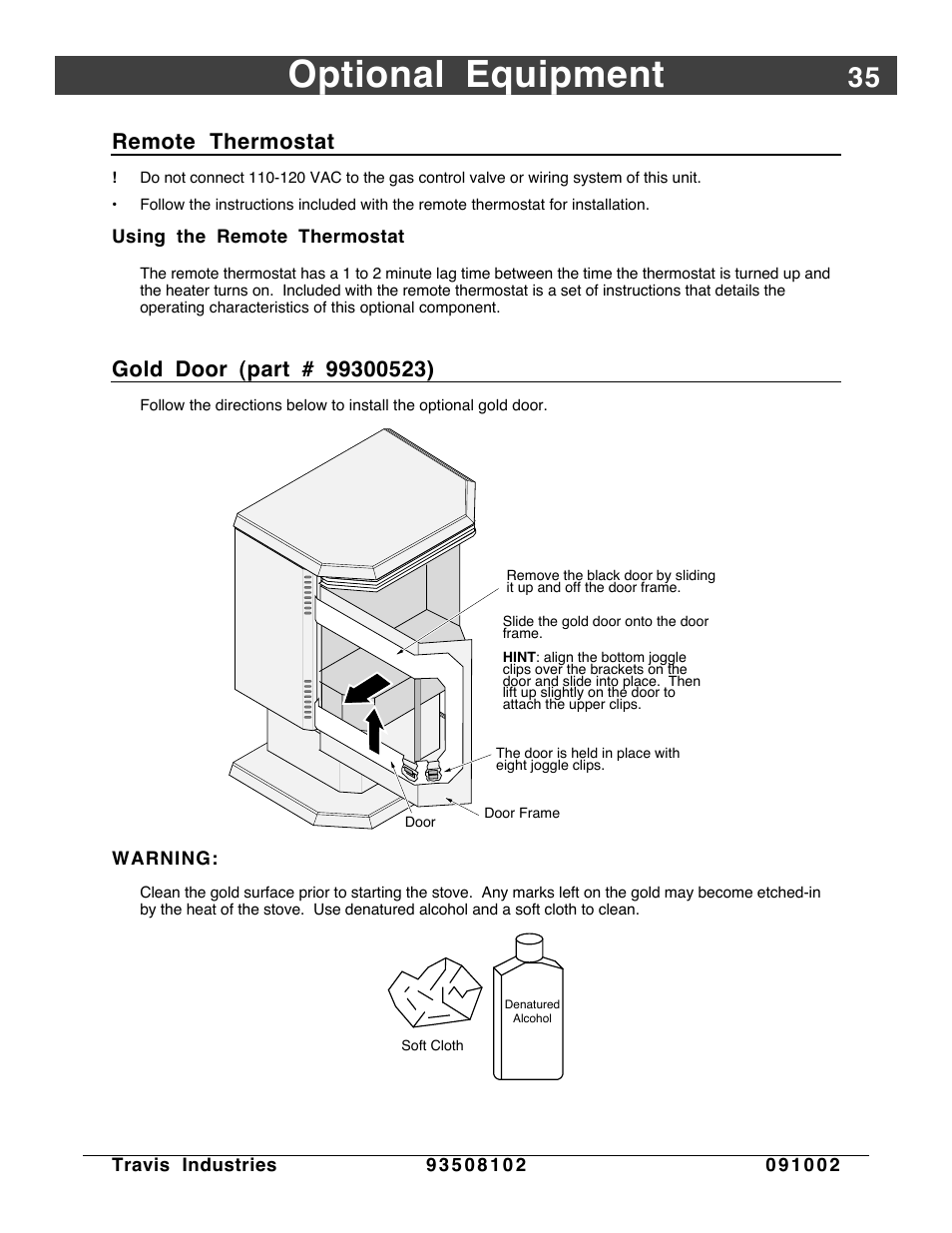 Optional equipment, Remote thermostat | Avalon Firestyles Vashon-1998 to 1999 User Manual | Page 35 / 40