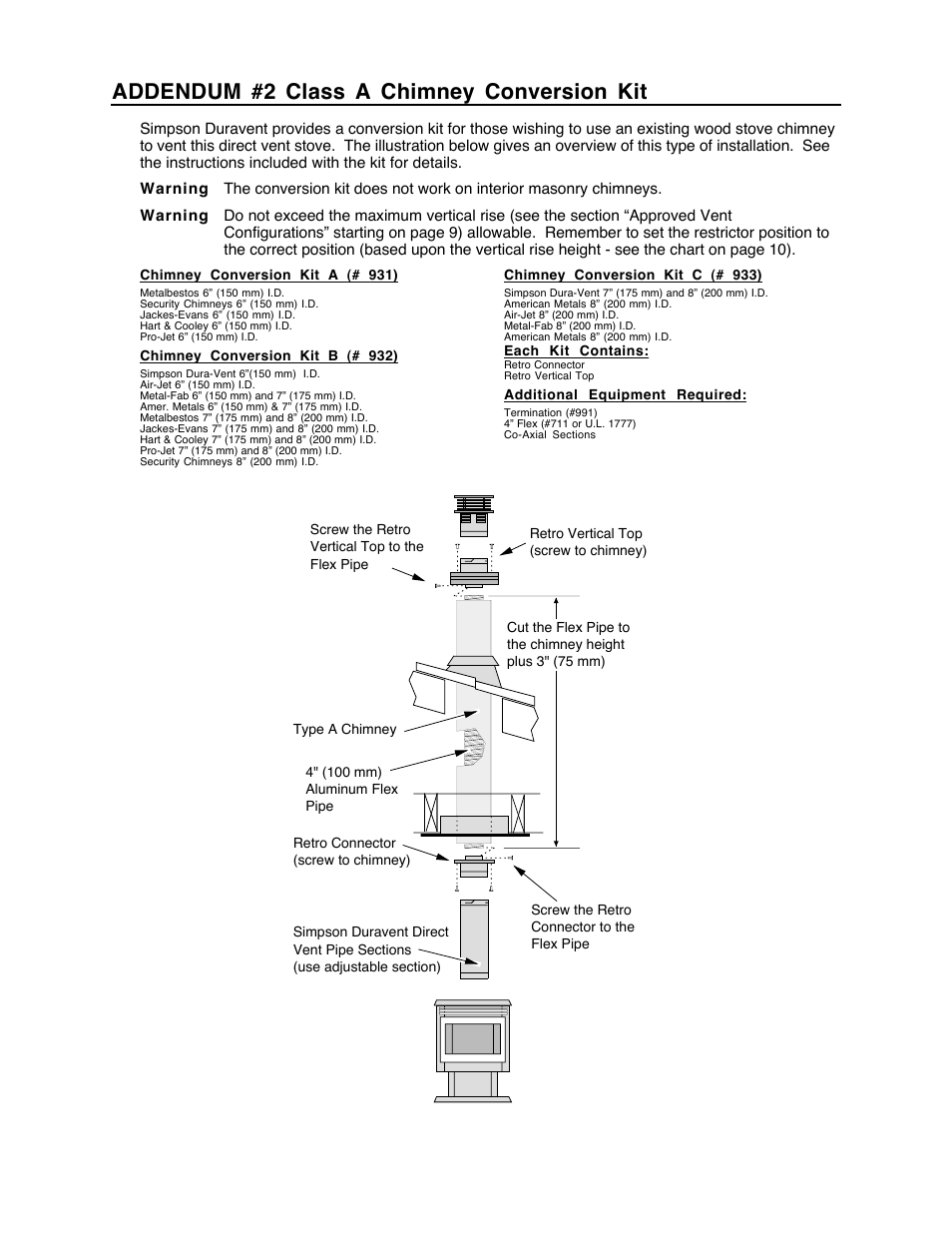 Addendum #2 class a chimney conversion kit | Avalon Firestyles Vashon-1998 to 1999 User Manual | Page 40 / 40