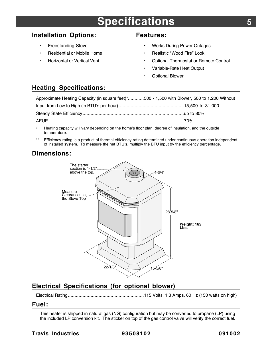 Specifications, Installation options, Features | Heating specifications, Dimensions, Electrical specifications, Fuel, Electrical specifications (for optional blower) | Avalon Firestyles Vashon-1998 to 1999 User Manual | Page 5 / 40