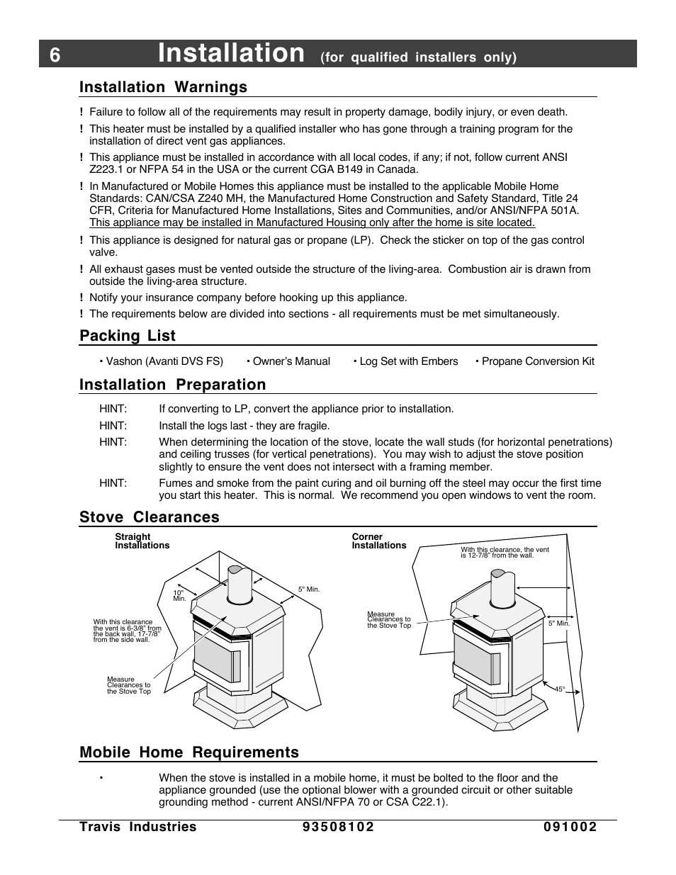 Installation, Installation warnings, Packing list | Installation preparation, Stove clearances, Mobile home requirements | Avalon Firestyles Vashon-1998 to 1999 User Manual | Page 6 / 40