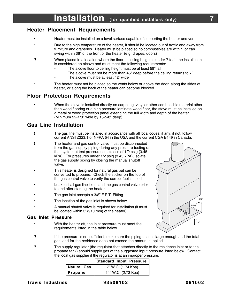 Heater placement requirements, Floor protection requirements, Gas line installation | Installation | Avalon Firestyles Vashon-1998 to 1999 User Manual | Page 7 / 40