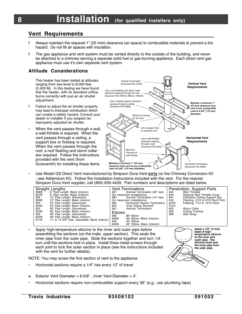 Vent requirements, Installation, Altitude considerations | Avalon Firestyles Vashon-1998 to 1999 User Manual | Page 8 / 40