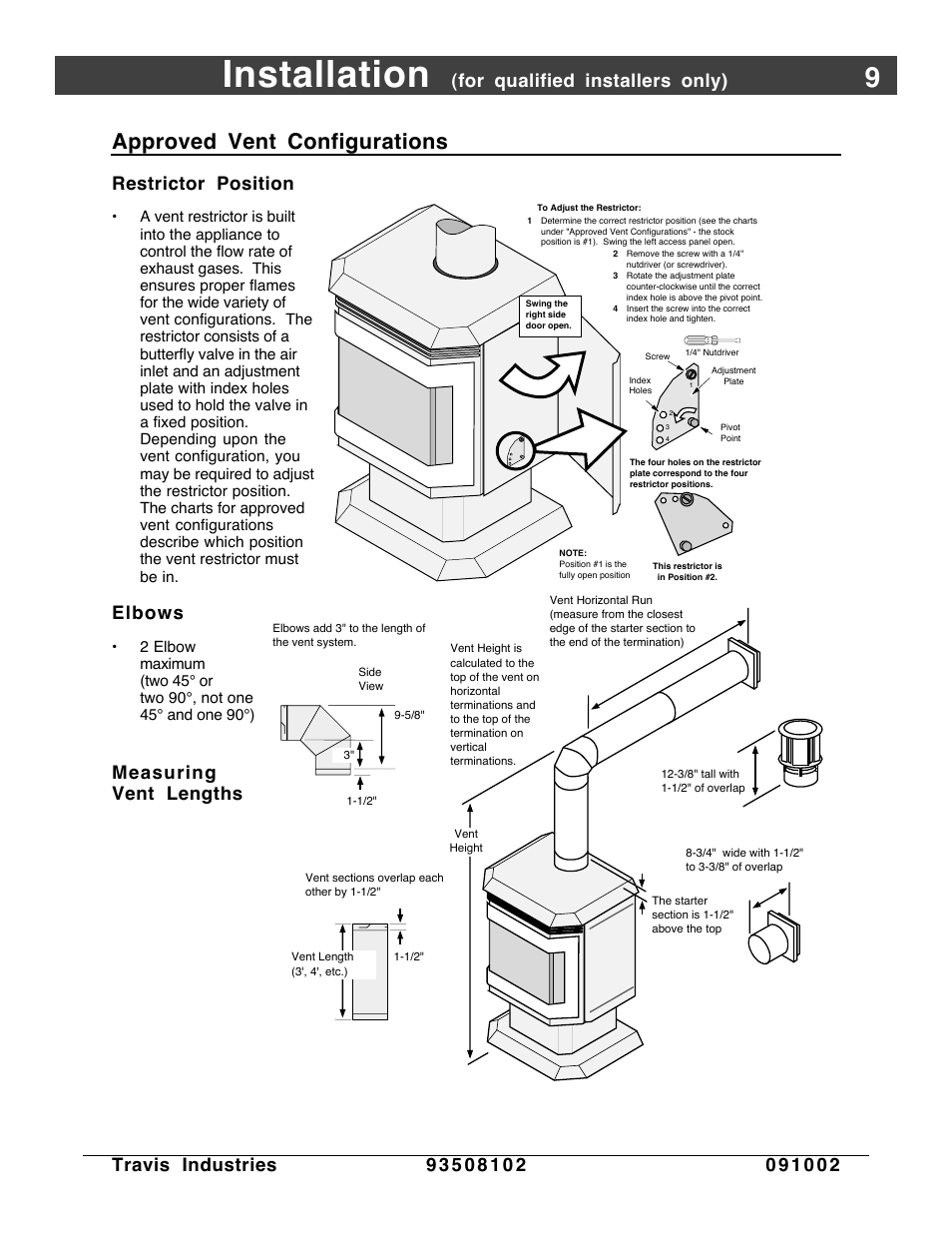 Approved vent configurations, Installation, For qualified installers only) | Restrictor position, Elbows, Measuring vent lengths | Avalon Firestyles Vashon-1998 to 1999 User Manual | Page 9 / 40