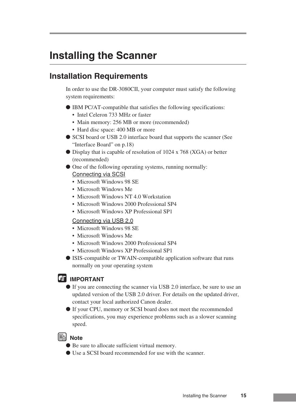 Installing the scanner, Installation requirements | Canon DR-3080CII User Manual | Page 17 / 71