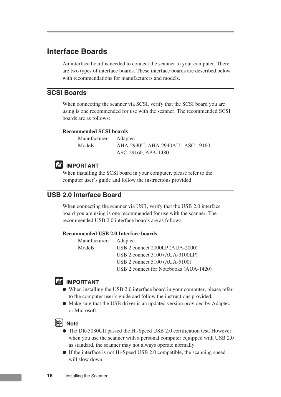 Interface boards, Scsi boards, Usb 2.0 interface board | Canon DR-3080CII User Manual | Page 20 / 71