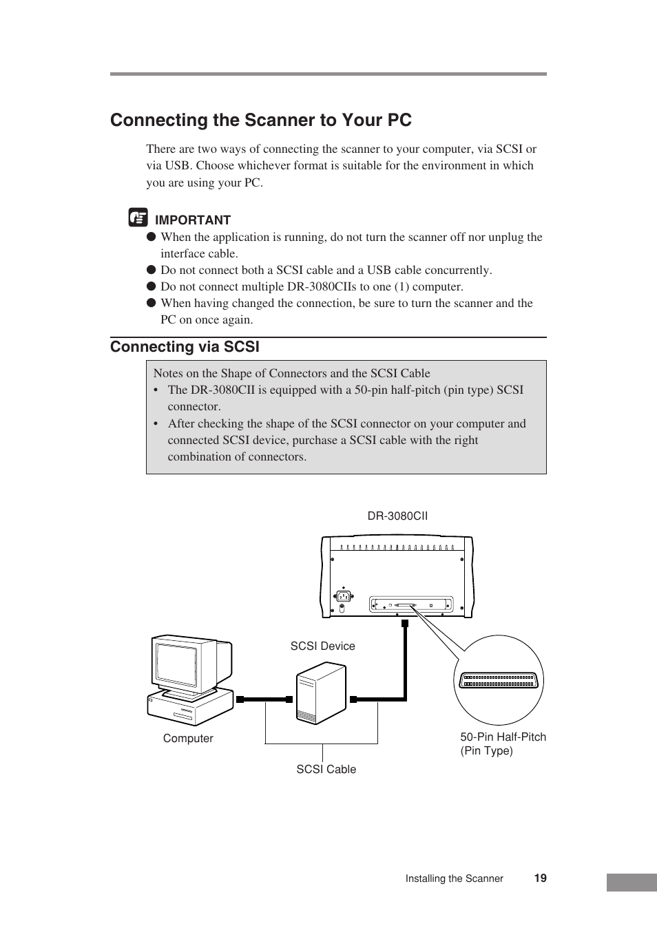 Connecting the scanner to your pc, Connecting via scsi | Canon DR-3080CII User Manual | Page 21 / 71