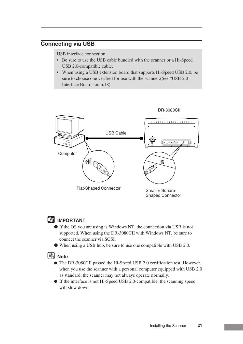 Connecting via usb | Canon DR-3080CII User Manual | Page 23 / 71