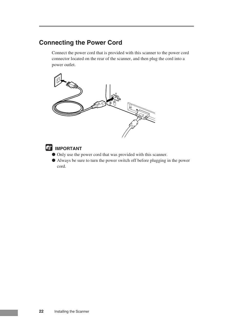 Connecting the power cord | Canon DR-3080CII User Manual | Page 24 / 71