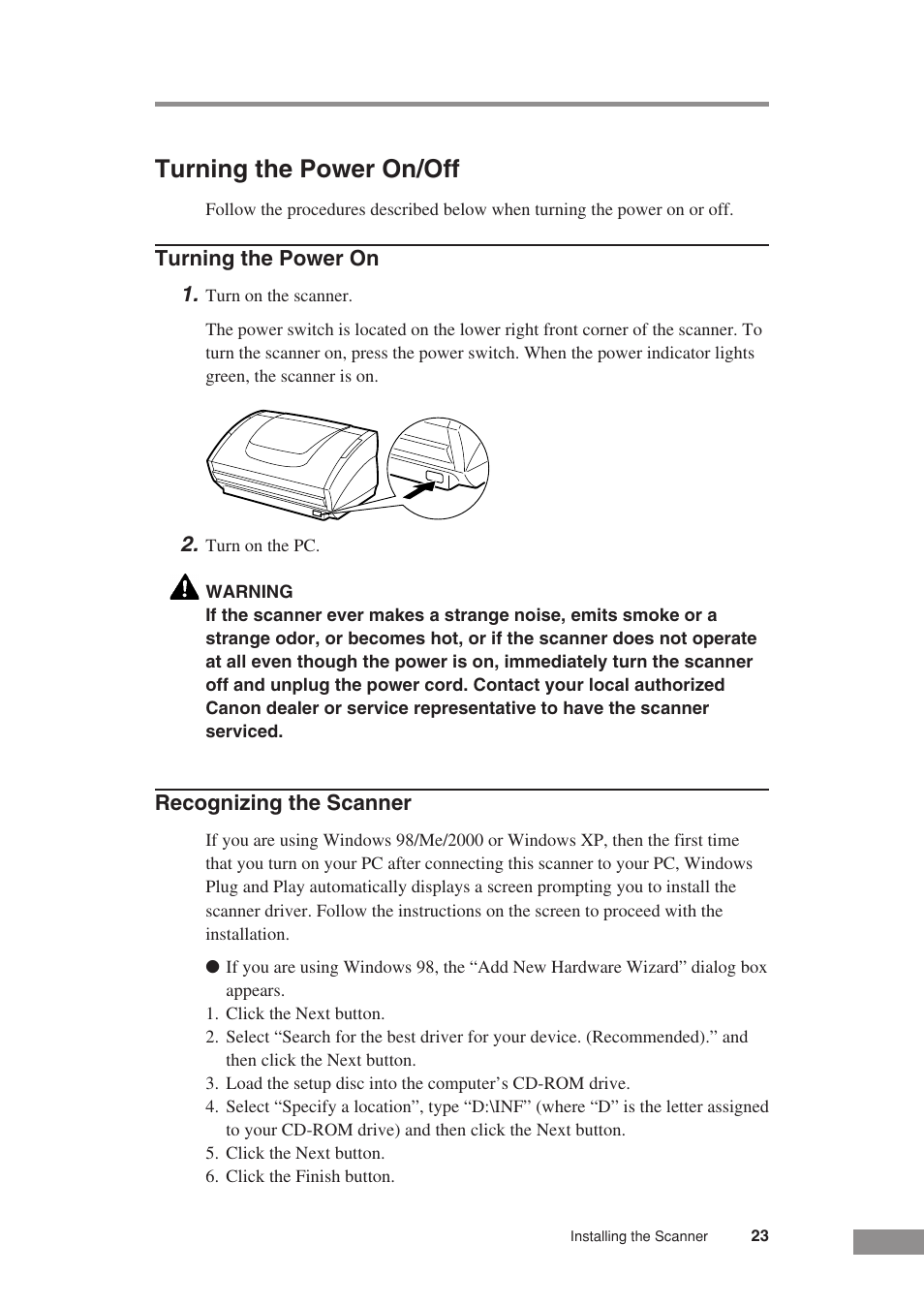 Turning the power on/off | Canon DR-3080CII User Manual | Page 25 / 71