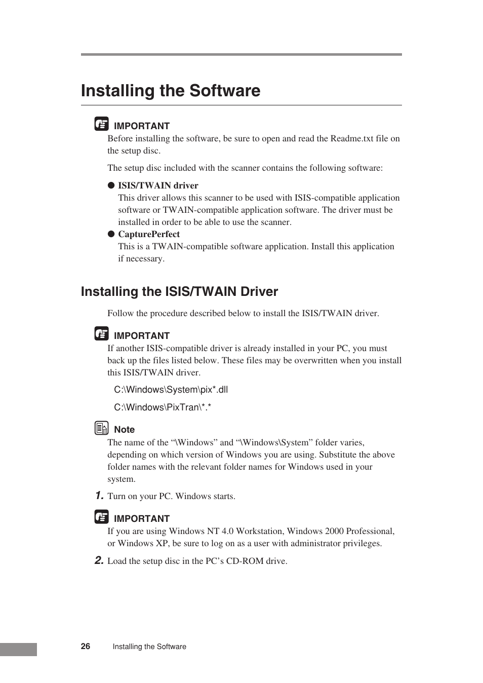 Installing the software, Installing the isis/twain driver | Canon DR-3080CII User Manual | Page 28 / 71