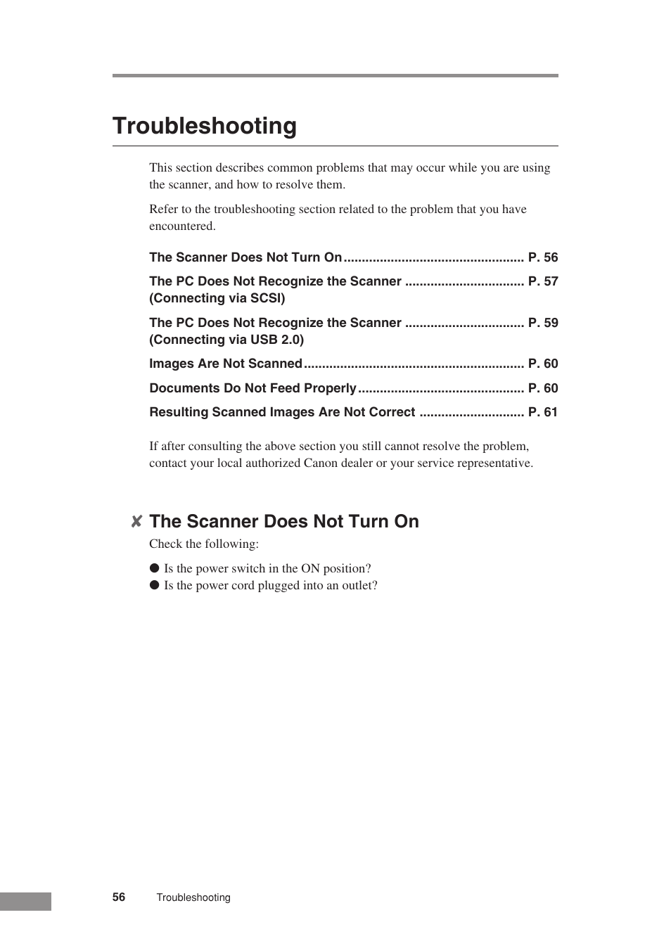 Troubleshooting, The scanner does not turn on | Canon DR-3080CII User Manual | Page 58 / 71