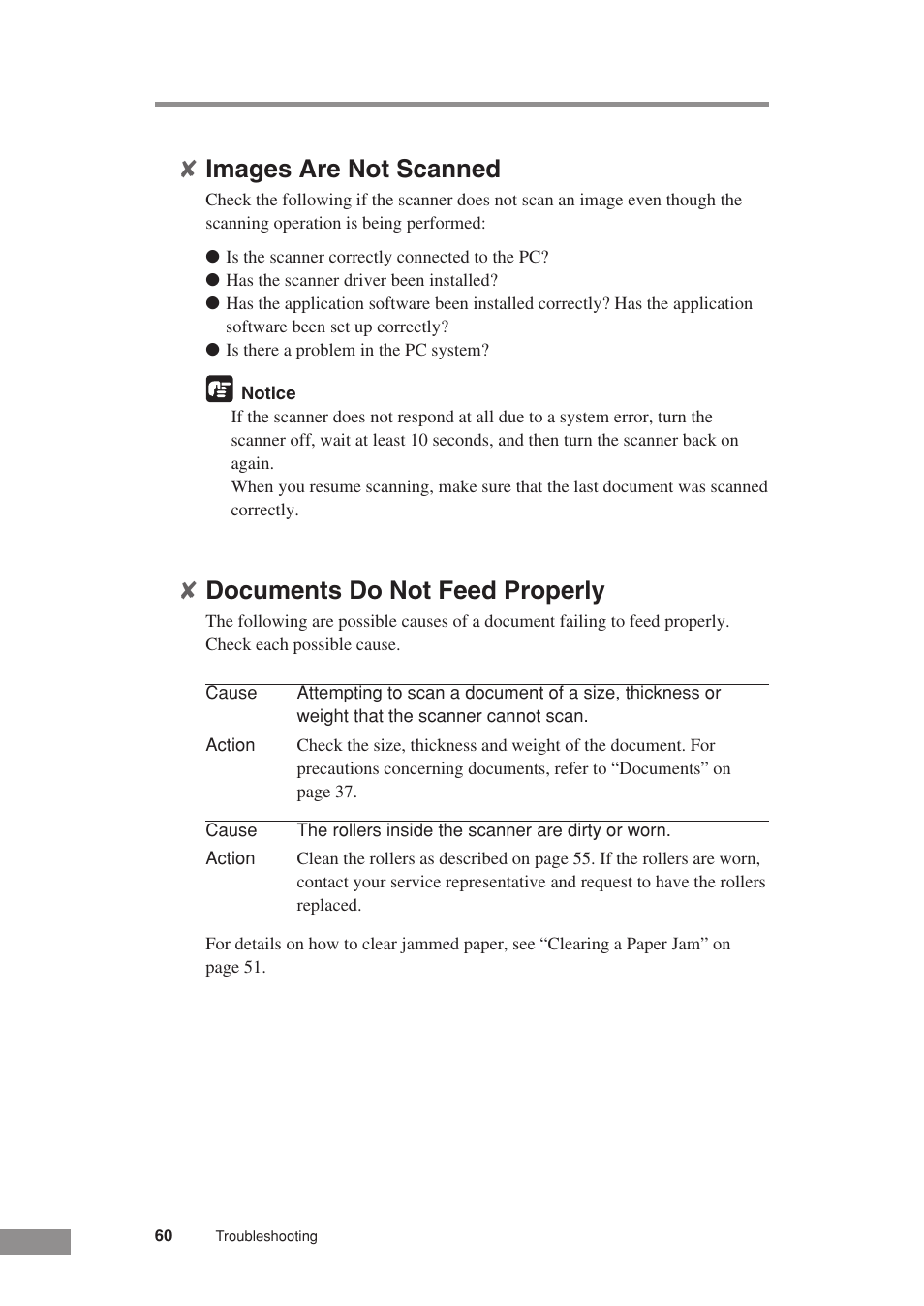 Images are not scanned, Documents do not feed properly | Canon DR-3080CII User Manual | Page 62 / 71