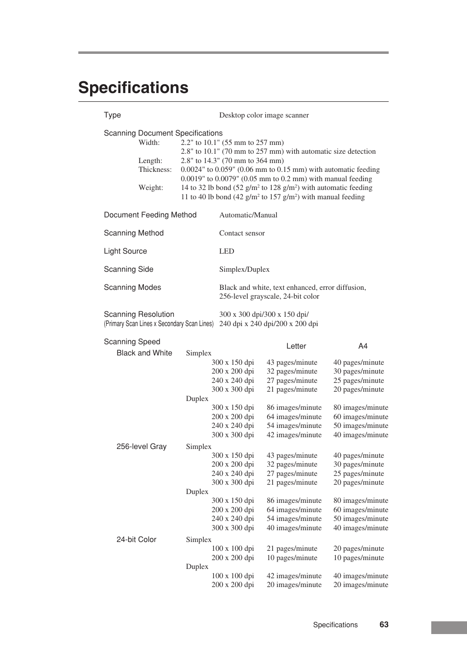 Specifications | Canon DR-3080CII User Manual | Page 65 / 71