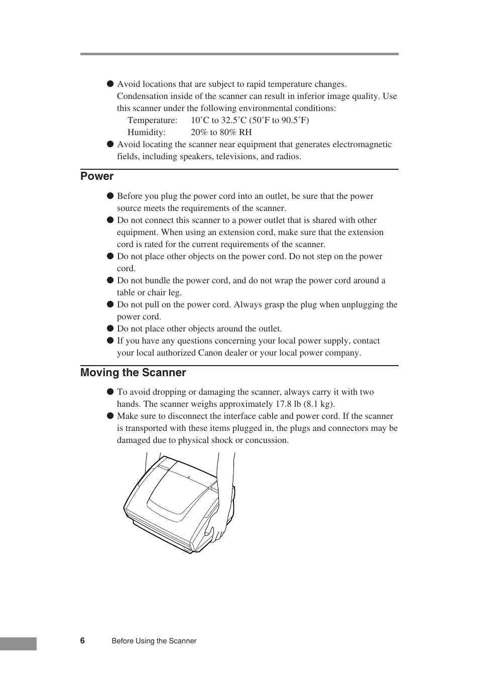 Power, Moving the scanner | Canon DR-3080CII User Manual | Page 8 / 71