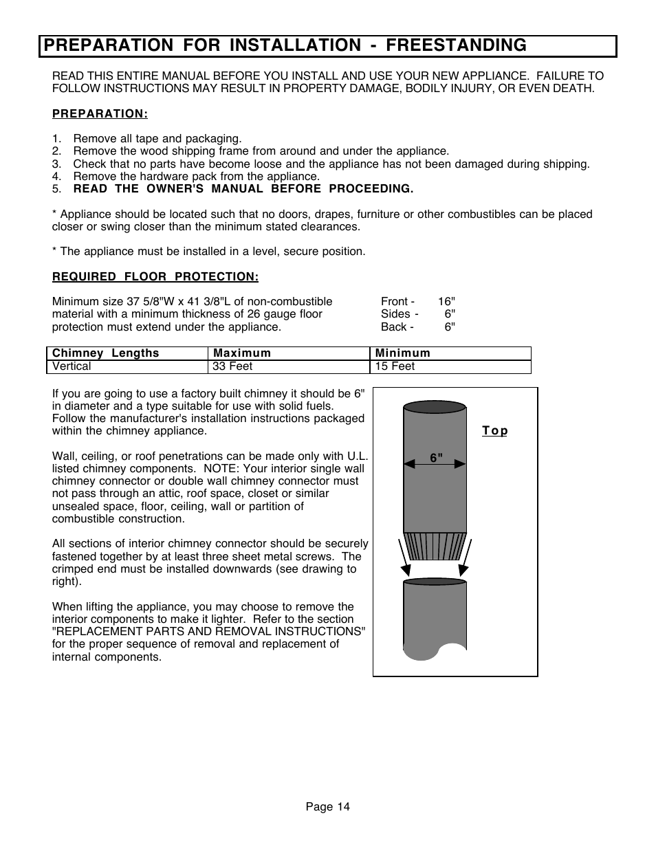 Preparation for installation - freestanding | Avalon Firestyles 796-1990 to 1993 User Manual | Page 14 / 67