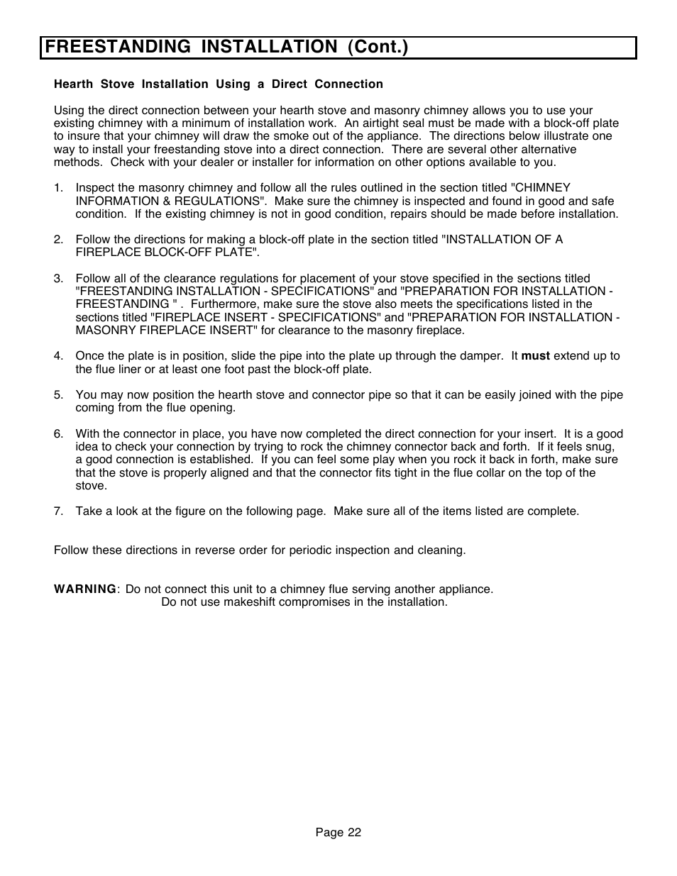 Freestanding installation (cont.) | Avalon Firestyles 796-1990 to 1993 User Manual | Page 22 / 67