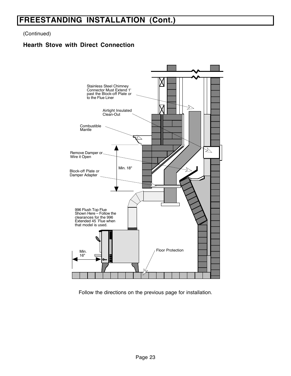 Freestanding installation (cont.), Hearth stove with direct connection | Avalon Firestyles 796-1990 to 1993 User Manual | Page 23 / 67