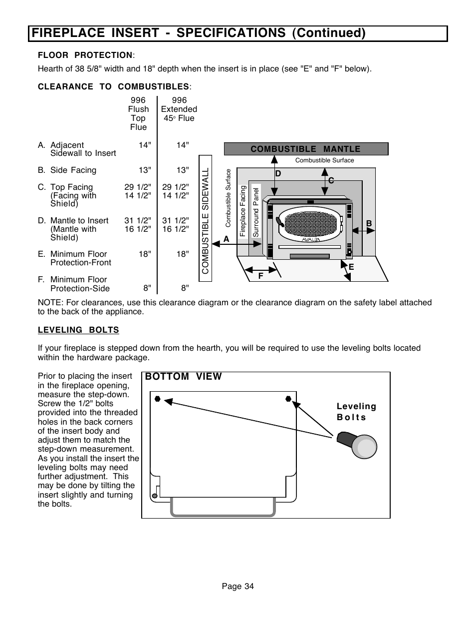 Fireplace insert - specifications (continued) | Avalon Firestyles 796-1990 to 1993 User Manual | Page 34 / 67