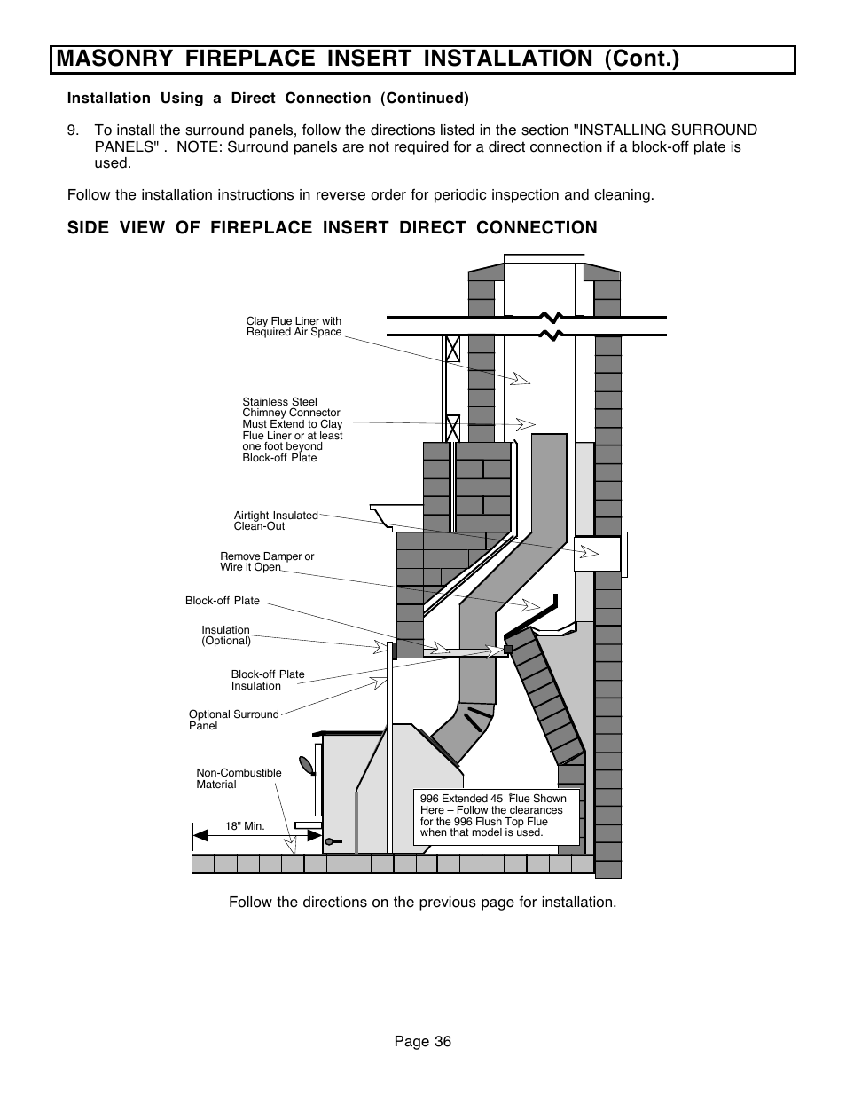 Masonry fireplace insert installation (cont.), Side view of fireplace insert direct connection | Avalon Firestyles 796-1990 to 1993 User Manual | Page 36 / 67