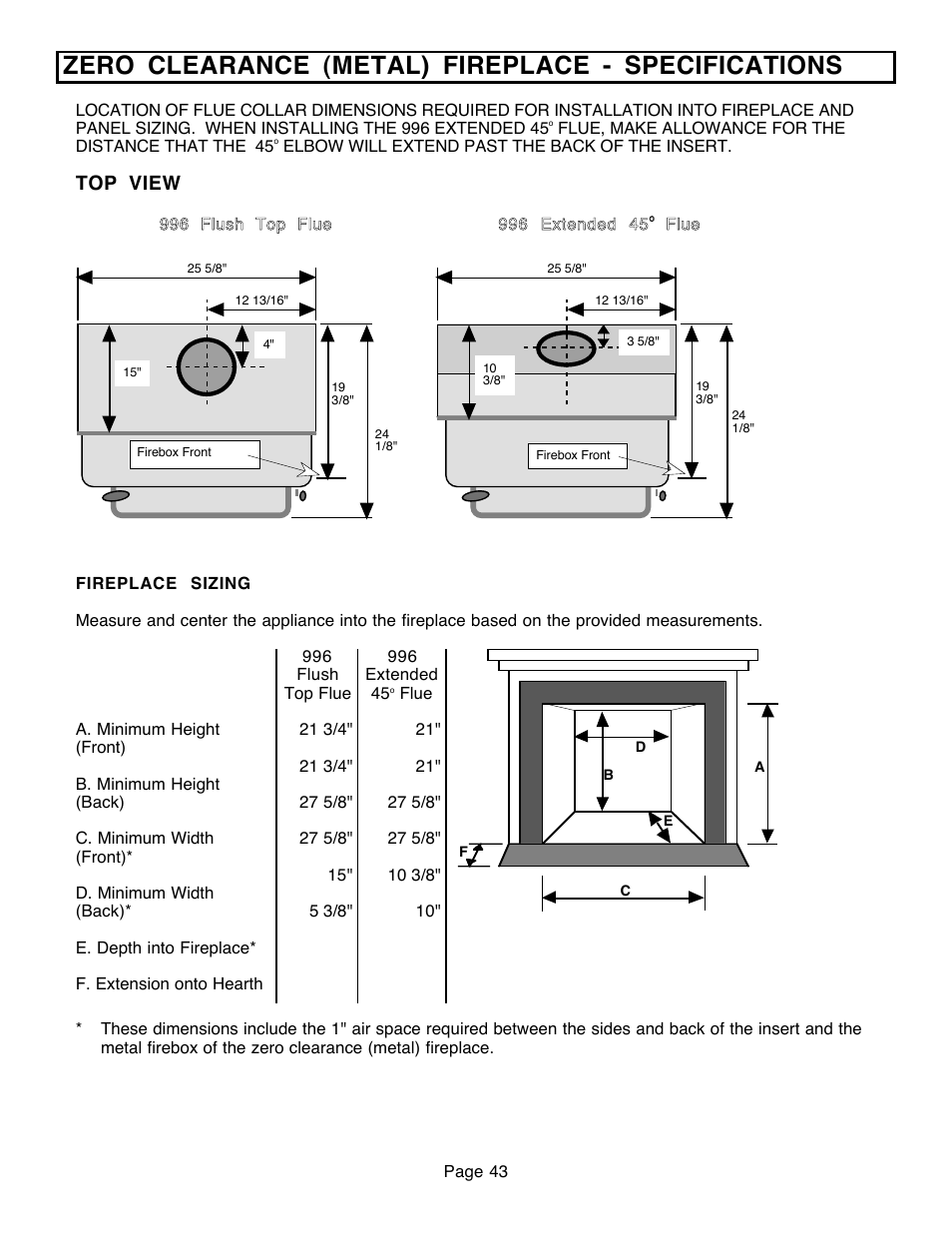 Zero clearance (metal) fireplace - specifications, Top view | Avalon Firestyles 796-1990 to 1993 User Manual | Page 43 / 67