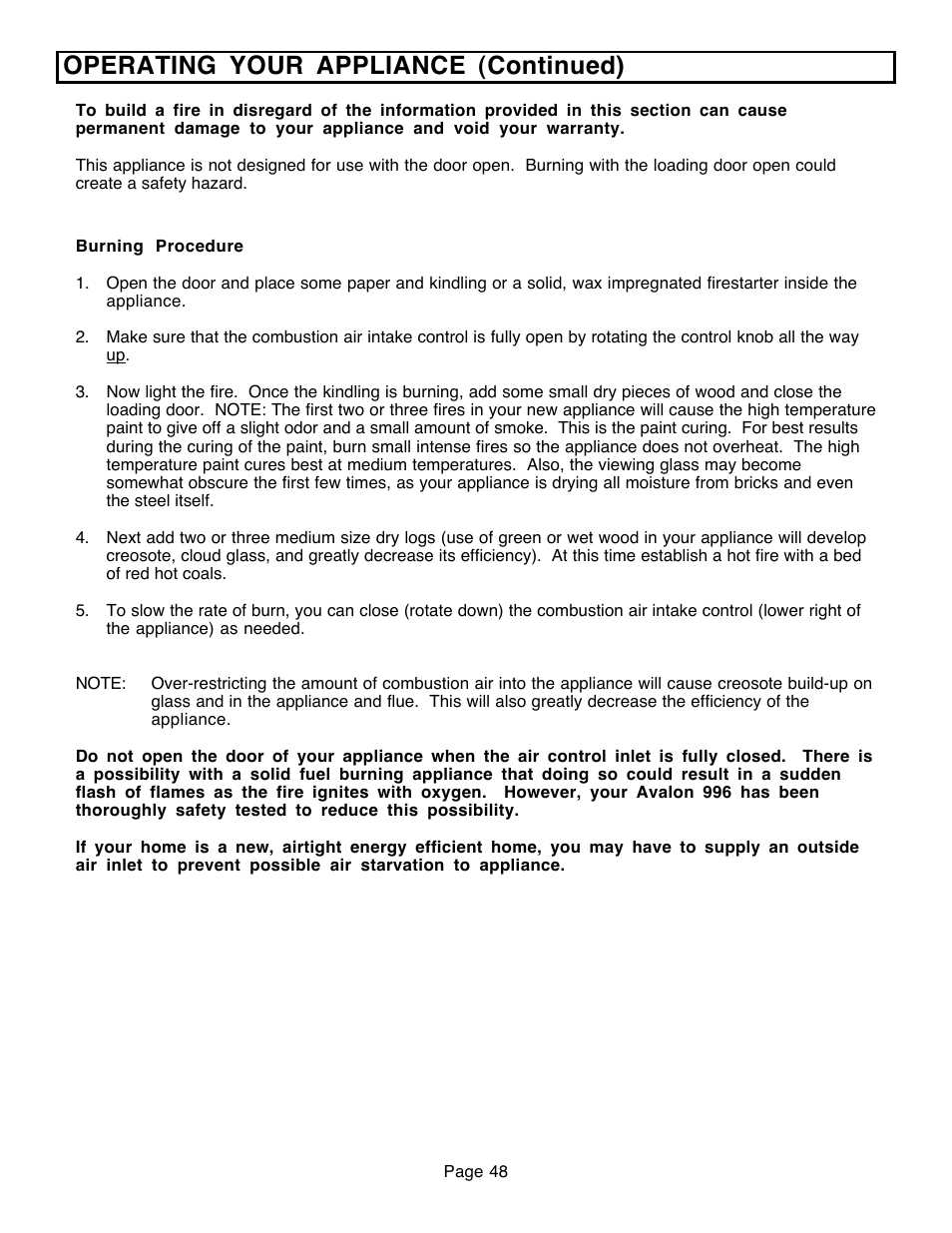 Operating your appliance (continued) | Avalon Firestyles 796-1990 to 1993 User Manual | Page 48 / 67