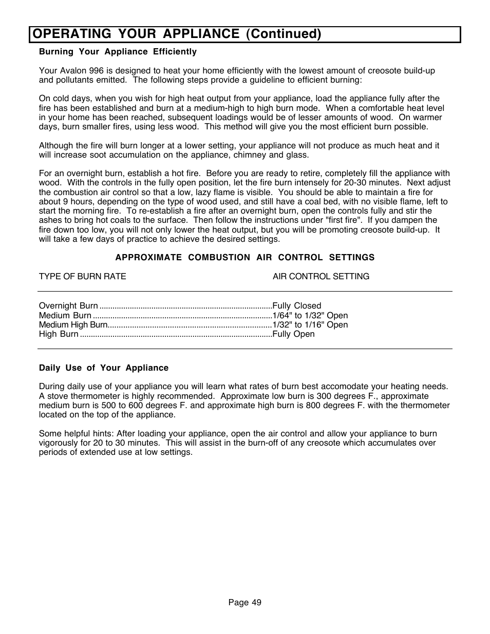 Operating your appliance (continued) | Avalon Firestyles 796-1990 to 1993 User Manual | Page 49 / 67