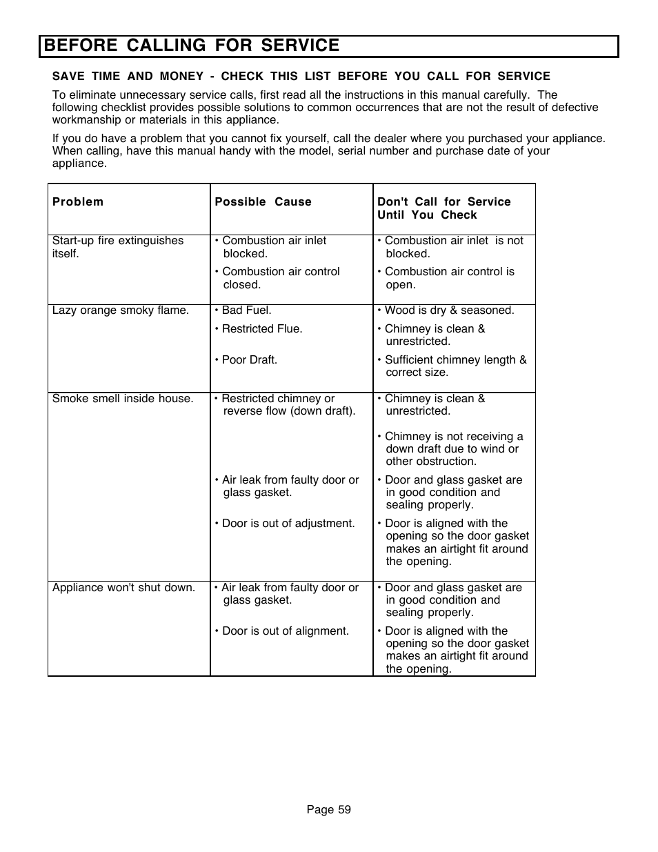 Before calling for service | Avalon Firestyles 796-1990 to 1993 User Manual | Page 59 / 67