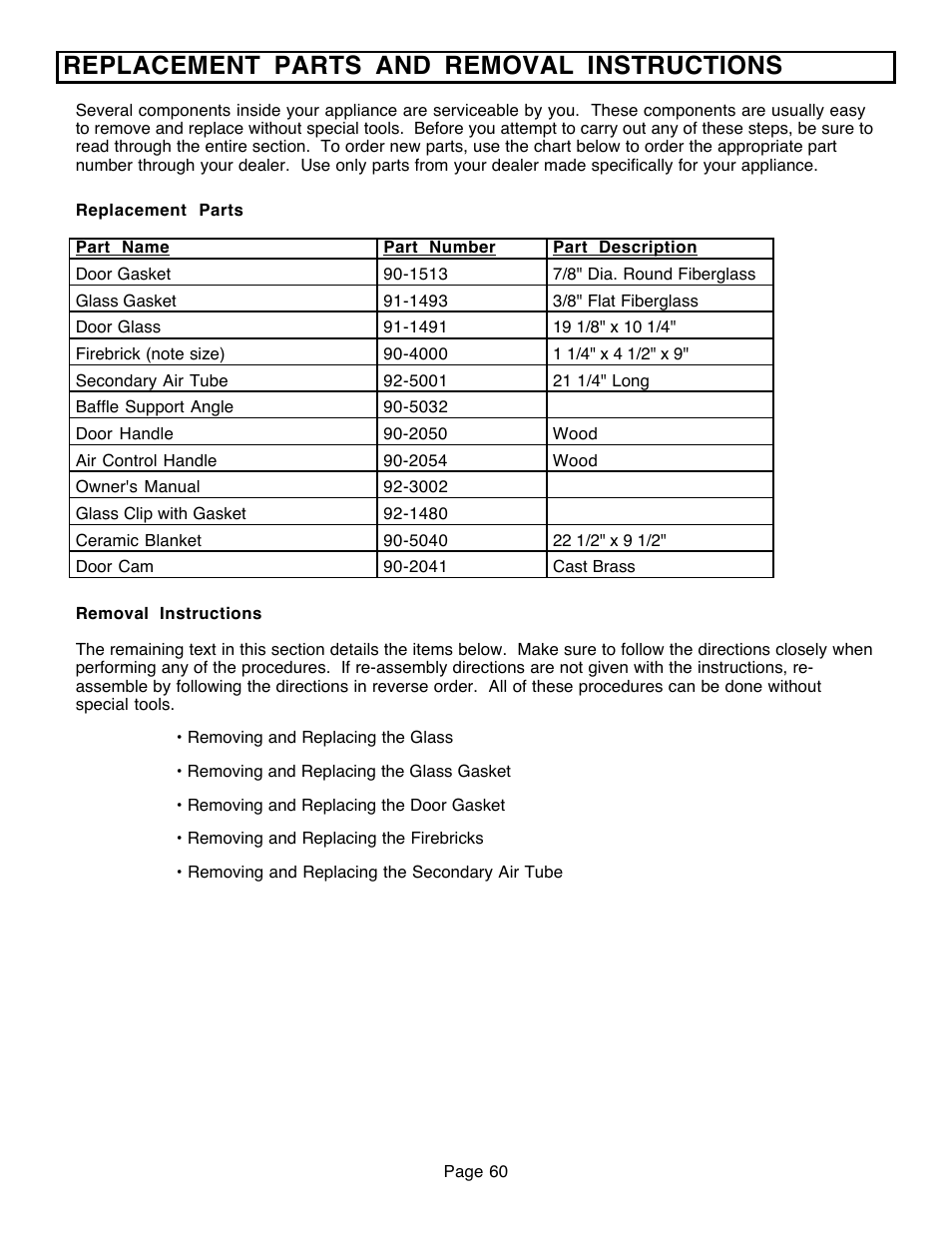 Replacement parts and removal instructions | Avalon Firestyles 796-1990 to 1993 User Manual | Page 60 / 67