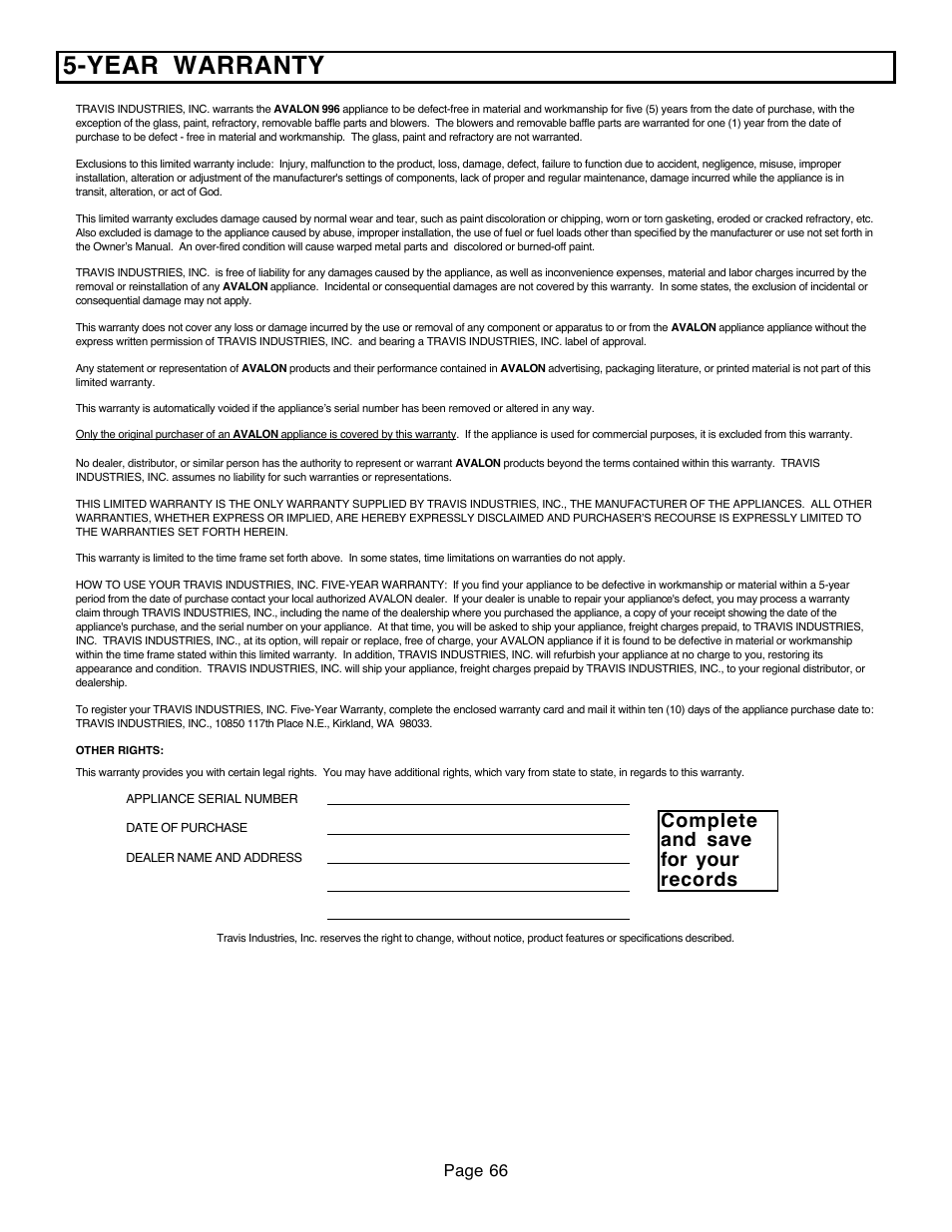 Year warranty, Complete and save for your records, Page 66 | Avalon Firestyles 796-1990 to 1993 User Manual | Page 66 / 67