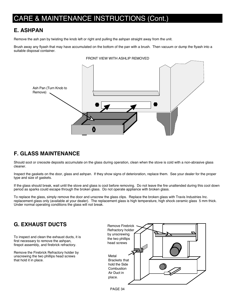 Care & maintenance instructions (cont.), E. ashpan, F. glass maintenance | G. exhaust ducts | Avalon Firestyles 900 PI-1992 User Manual | Page 34 / 44