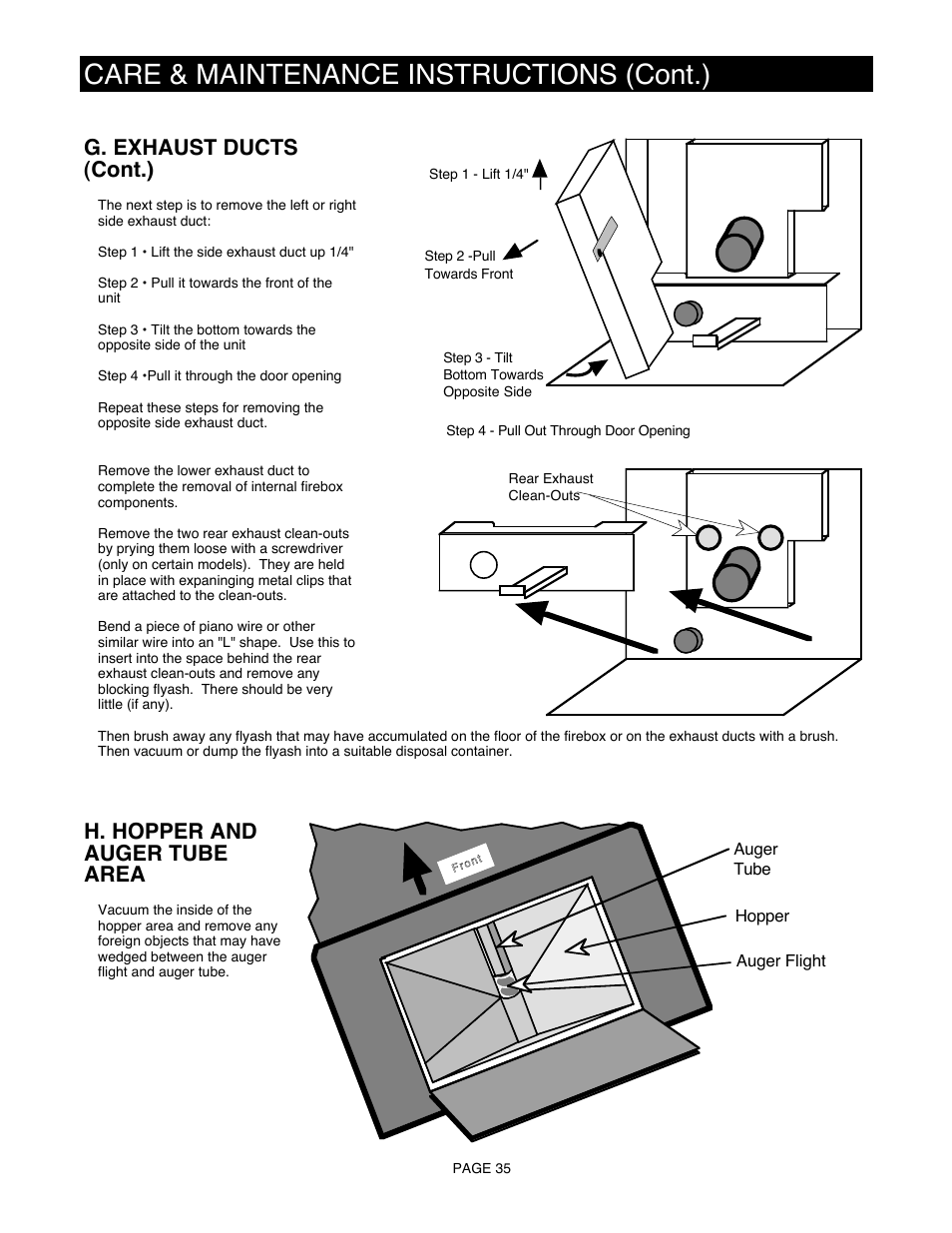 Care & maintenance instructions (cont.), G. exhaust ducts (cont.), H. hopper and auger tube area | Avalon Firestyles 900 PI-1992 User Manual | Page 35 / 44