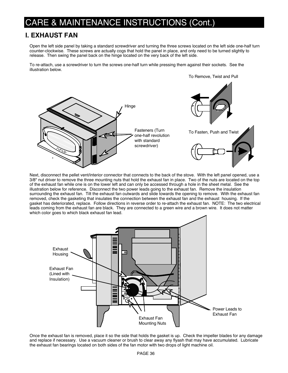 Care & maintenance instructions (cont.), I. exhaust fan | Avalon Firestyles 900 PI-1992 User Manual | Page 36 / 44