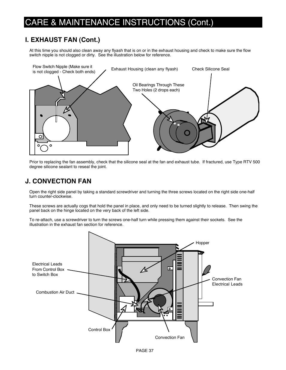 Care & maintenance instructions (cont.), I. exhaust fan (cont.), J. convection fan | Avalon Firestyles 900 PI-1992 User Manual | Page 37 / 44