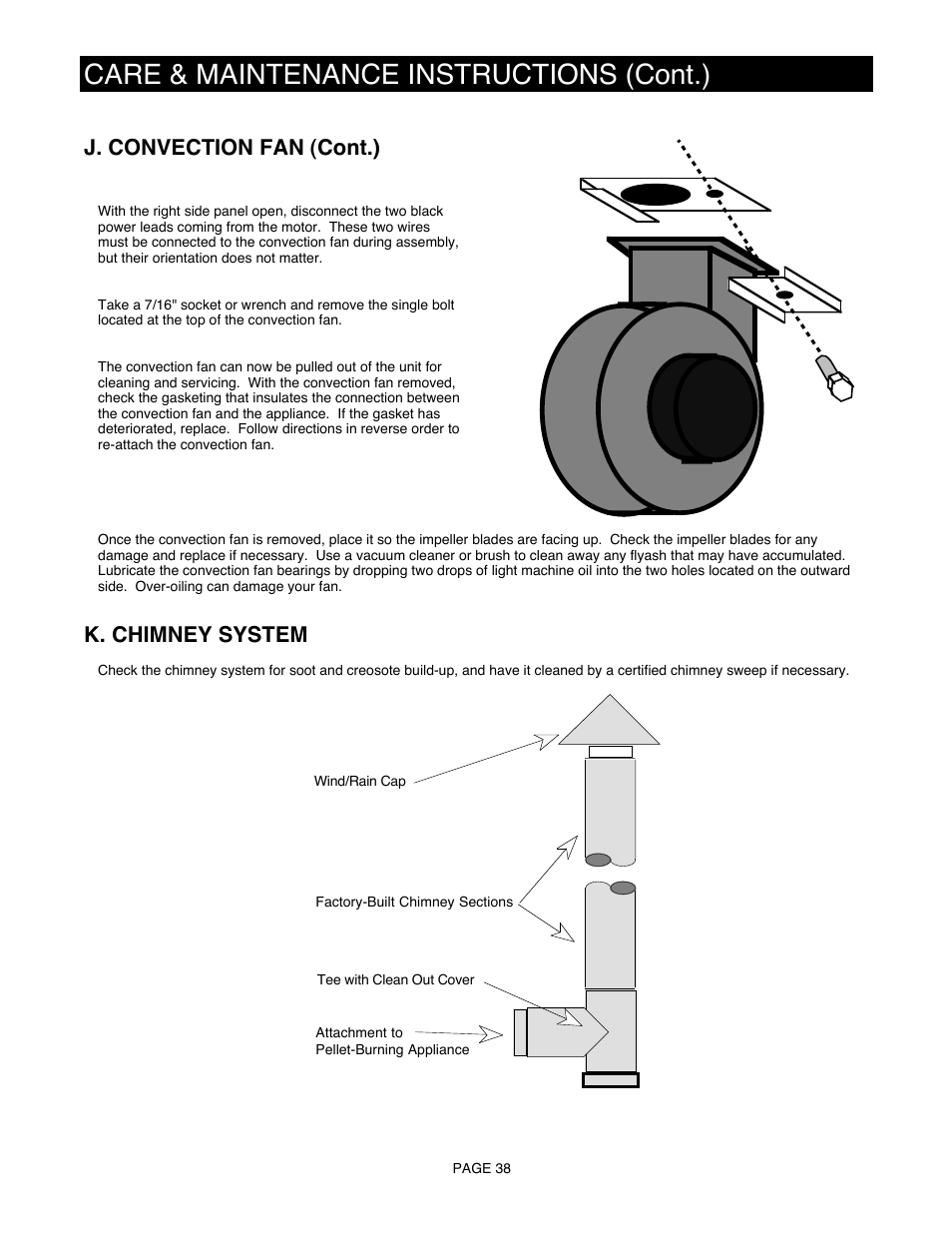 Care & maintenance instructions (cont.), J. convection fan (cont.), K. chimney system | Avalon Firestyles 900 PI-1992 User Manual | Page 38 / 44