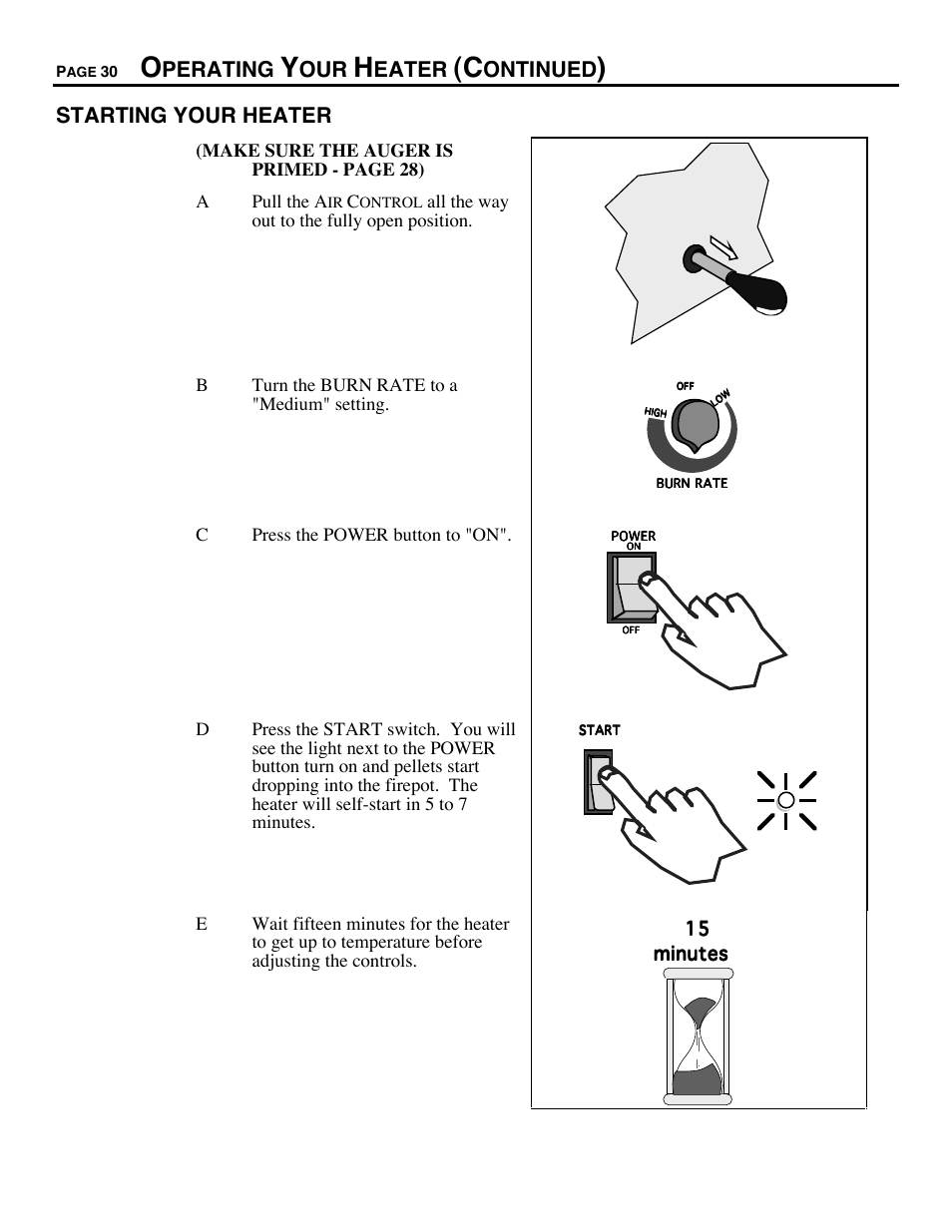 Perating, Eater, Ontinued | Starting your heater, Cpress the power button to "on | Avalon Firestyles 900 PI-1993 to 1996 User Manual | Page 30 / 50