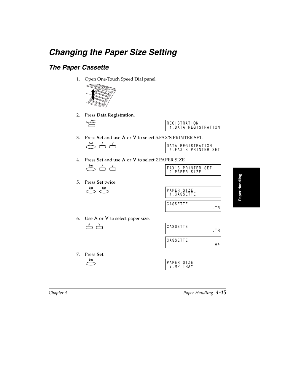 Changing the paper size setting -15, The paper cassette -15, Changing the paper size setting | The paper cassette | Canon H12157 User Manual | Page 109 / 359