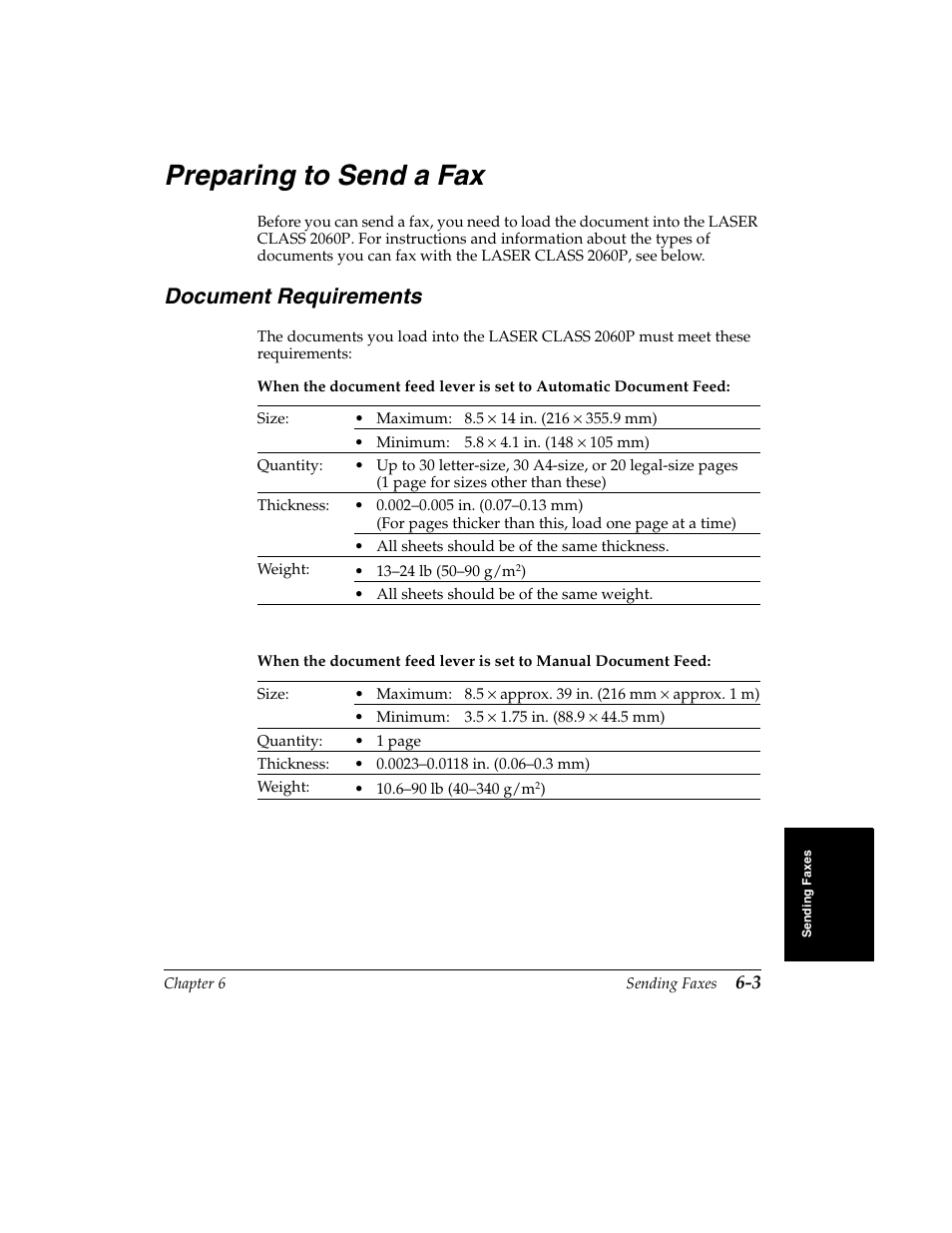 Preparing to send a fax -3, Document requirements, Preparing to send a fax | Canon H12157 User Manual | Page 147 / 359