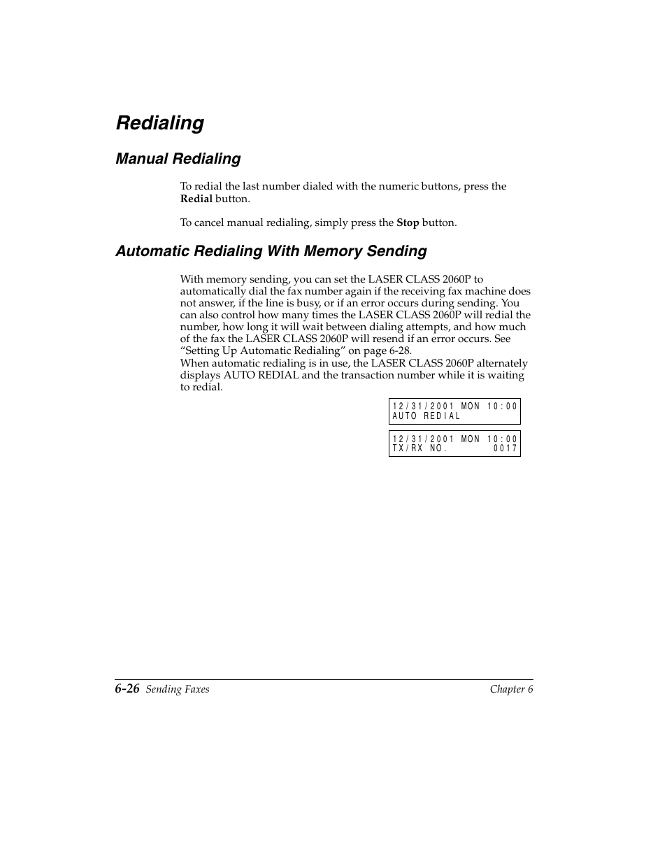Redialing -26, Manual redialing -26, Automatic redialing with memory sending -26 | Redialing, Manual redialing | Canon H12157 User Manual | Page 170 / 359