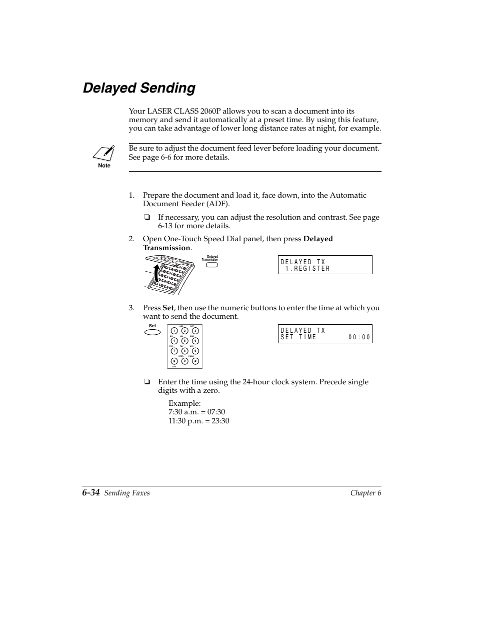 Delayed sending -34, Delayed sending, Sending faxes chapter 6 | Canon H12157 User Manual | Page 178 / 359