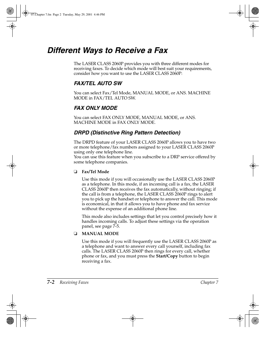 Different ways to receive a fax -2, Fax/tel auto sw, Fax only mode | Different ways to receive a fax | Canon H12157 User Manual | Page 182 / 359