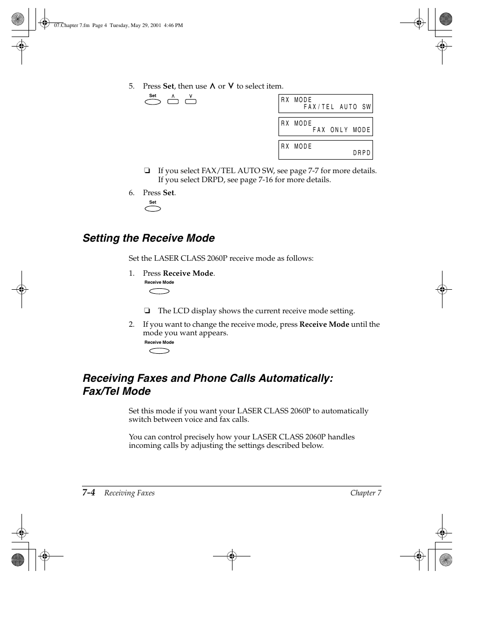 Setting the receive mode | Canon H12157 User Manual | Page 184 / 359