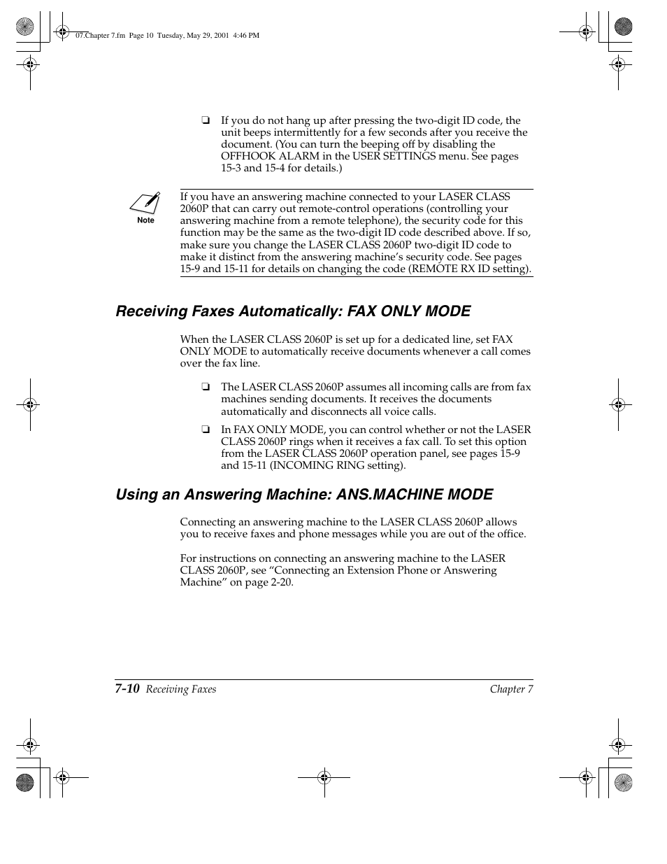 Receiving faxes automatically: fax only mode -10, Using an answering machine: ans.machine mode -10, Receiving faxes automatically: fax only mode | Using an answering machine: ans.machine mode | Canon H12157 User Manual | Page 190 / 359