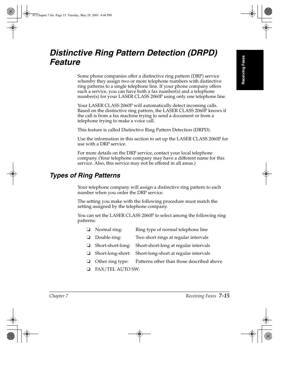 Types of ring patterns -15, Distinctive ring pattern detection (drpd) feature, Types of ring patterns | Canon H12157 User Manual | Page 195 / 359