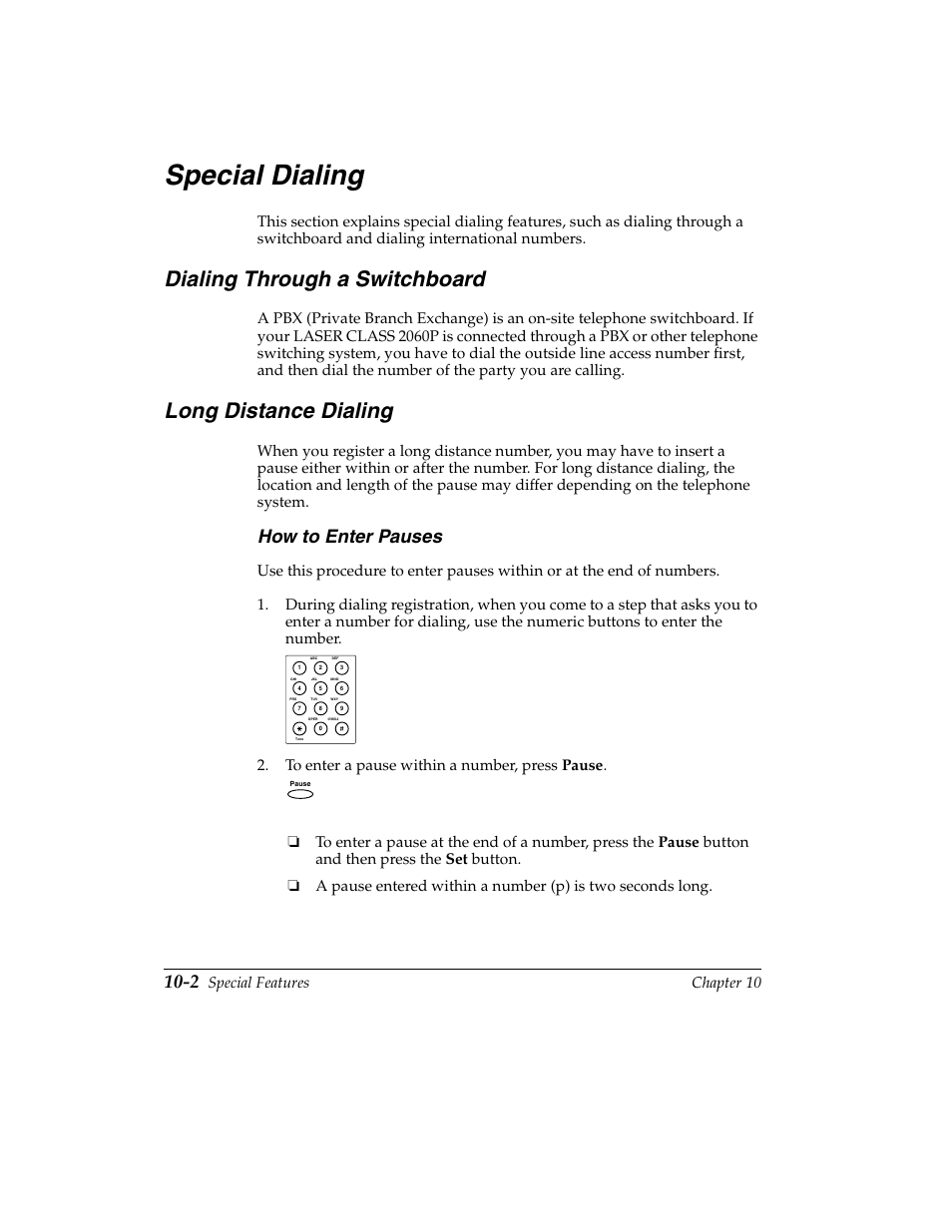 Dialing through a switchboard -2, Long distance dialing -2, Special dialing | Dialing through a switchboard, Long distance dialing, How to enter pauses, Special features chapter 10 | Canon H12157 User Manual | Page 226 / 359