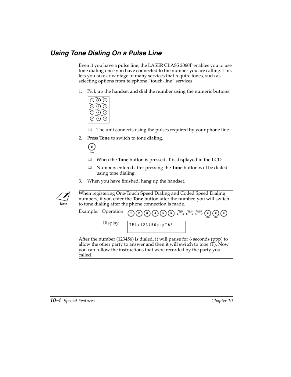 Using tone dialing on a pulse line -4, Using tone dialing on a pulse line, Special features chapter 10 | Example: operation display | Canon H12157 User Manual | Page 228 / 359