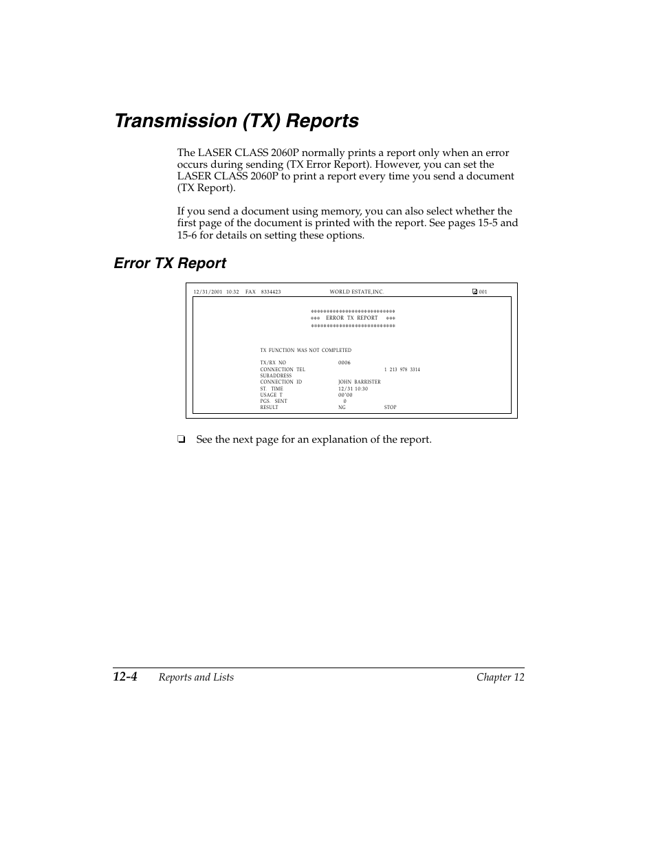 Transmission (tx) reports -4, Error tx report -4, Transmission (tx) reports | Error tx report, Reports and lists chapter 12, See the next page for an explanation of the report | Canon H12157 User Manual | Page 236 / 359