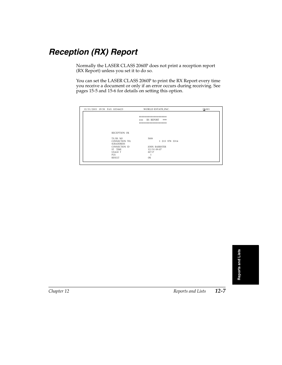 Reception (rx) report -7, Reception (rx) report, Chapter 12 reports and lists | Canon H12157 User Manual | Page 239 / 359